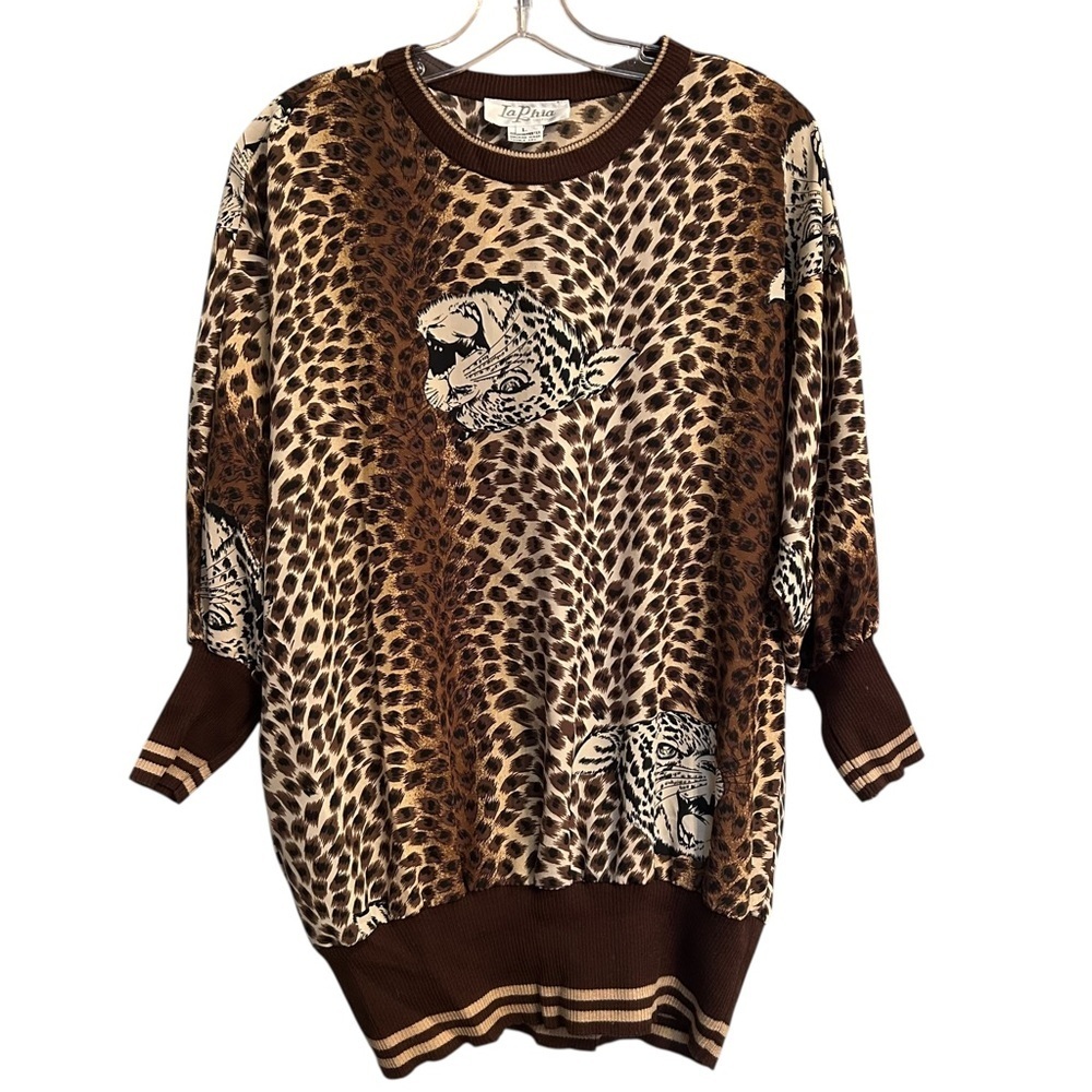 Cheetah/Leopard Print Crewneck Tunic with Ribbed Collar and Cuff - Picture 2 of 9